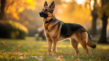 German Shepherd in Autumnal Splendor: A majestic German Shepherd stands alert in a park, framed by the warm hues of autumn, with its intelligent eyes fixed on something off-camera.