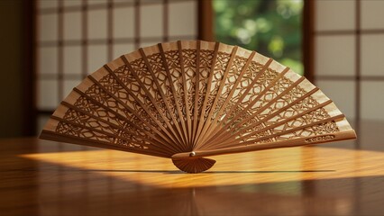 Wooden Decorative Hand Fan on Table