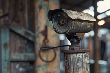Vintage Security Camera in Rustic Industrial Setting with Charm