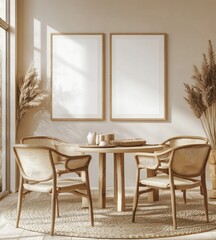 Minimalist dining room with wooden table, chairs, pampas grass, and blank frames.
