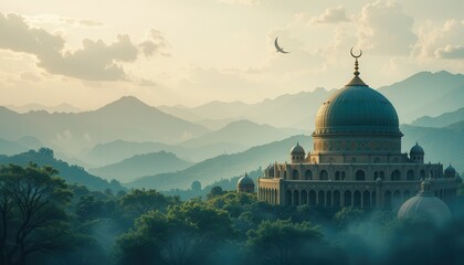 Obraz premium sunrise in bagan myanmar eid Mubarak greeting card background