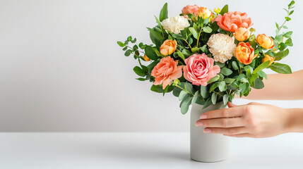 Fototapeta premium person gently arranges beautiful bouquet of fresh flowers in modern vase