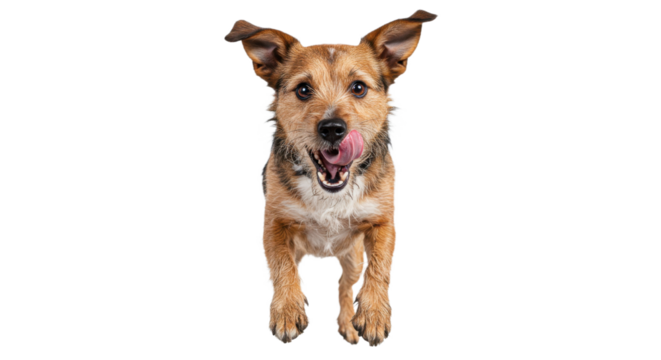Happy Dog Jumping Mid-Air Licking Lips on White Background Studio Shot