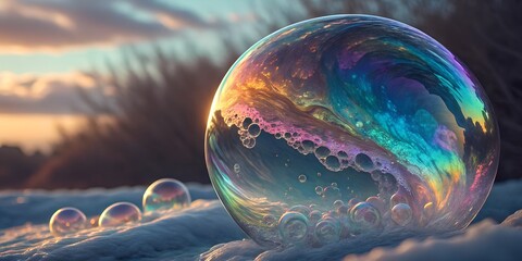 AI Generated frosty bubble scene showcasing vibrant rainbow reflections, icy textures, golden twilight ambiance, and blurred natural background ideal for surreal nature, elegance, atmospheric designs