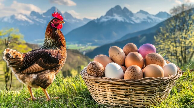 Hen with eggs in basket mountain landscape nature photography serene environment close-up view farm life concept - Powered by Adobe