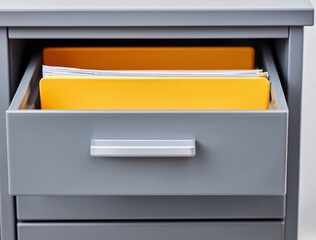 Organized Gray Drawer with Yellow Folders and Files Inside
