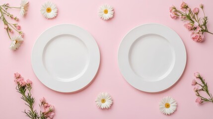 top view of two plates with flower decorations on a table light pink background