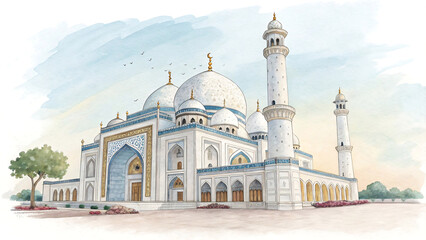 Fototapeta premium Majestic Mosque: Islamic Architecture with Grand Domes and Spiritual Ambiance