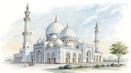 Fototapeta premium Majestic Mosque: Islamic Architecture with Grand Domes and Spiritual Ambiance