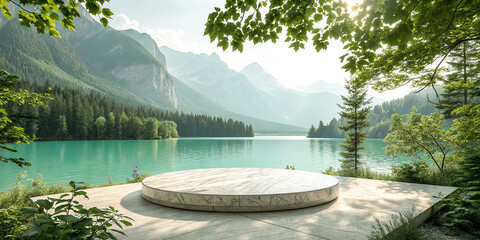 A serene and idyllic landscape featuring a circular stone platform surrounded by lush green foliage and trees, set on a rustic concrete surface