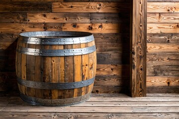 Fototapeta premium A large barrel sits on a wooden shelf