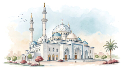 Obraz premium Majestic Mosque: Islamic Architecture with Grand Domes and Spiritual Ambiance