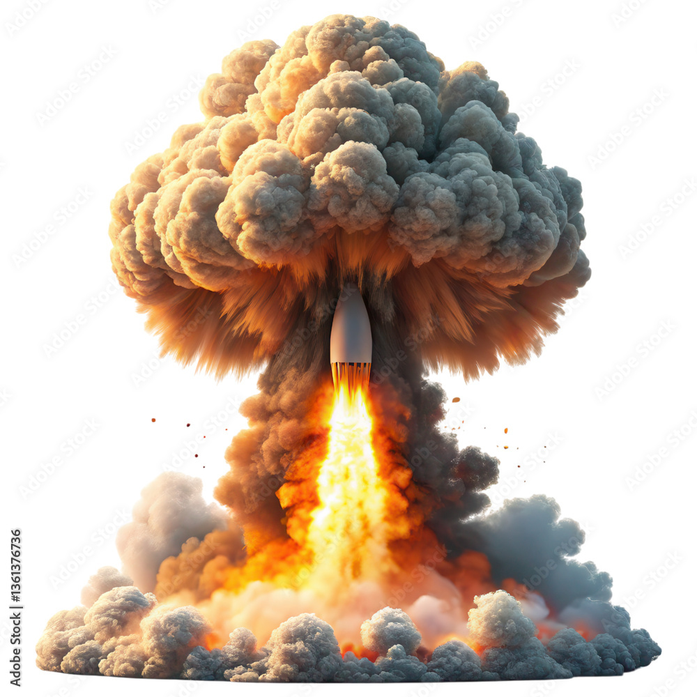 Poster a powerful explosion with a plume of smoke and fire, depicting a rocket launch or detonation in a dr