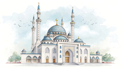 Naklejka premium Majestic Mosque: Islamic Architecture with Grand Domes and Spiritual Ambiance