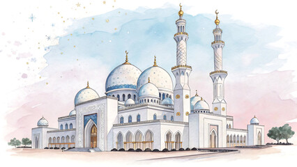 Obraz premium Majestic Mosque: Islamic Architecture with Grand Domes and Spiritual Ambiance