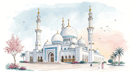 Naklejka premium Majestic Mosque: Islamic Architecture with Grand Domes and Spiritual Ambiance