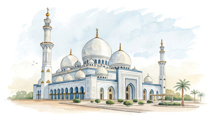 Fototapeta premium Majestic Mosque: Islamic Architecture with Grand Domes and Spiritual Ambiance