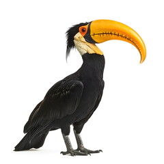 Obraz premium A realistic portrait of a magnificent hornbill standing in profile, isolated on a white background. Its glossy black feathers, large curved yellow-orange beak, prominent casque, and sharp dark eyes 