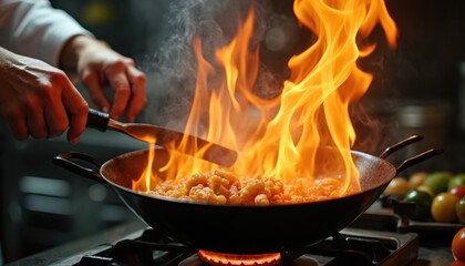 Closeup chef hands holding wok pan with fire. Professional cook frying dish. Man in uniform cooking meal. Restaurant kitchen. Asian cuisine, tasty food. Gastronomy concept.