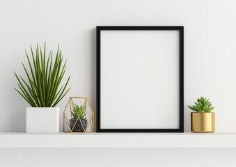 Modern Minimalist Display with Empty Frame and Succulent Plants