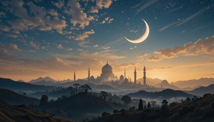 sunset in the mountains eid Mubarak greeting card background