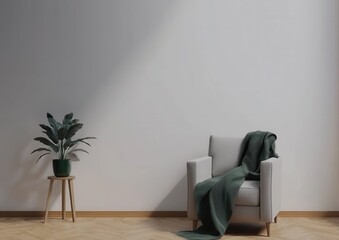Cozy armchair with green blanket and indoor plant in bright room