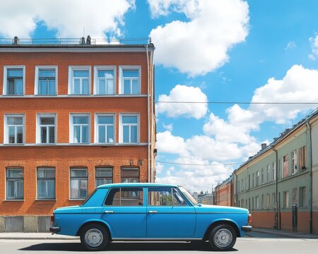 Fototapeta Classic Blue Vintage Car on City Street, Summer Day Urban Scene - Retro Automobile in Cityscape