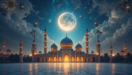 mosque in the night eid Mubarak greeting card background