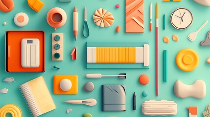 Vibrant 3D Render of Assorted Art Supplies on Teal Background AI Generated