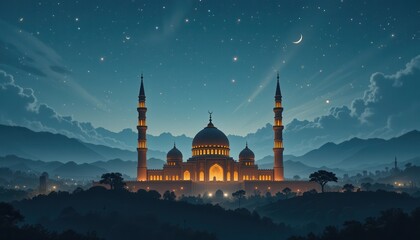 Obraz premium blue mosque at night eid Mubarak greeting card background
