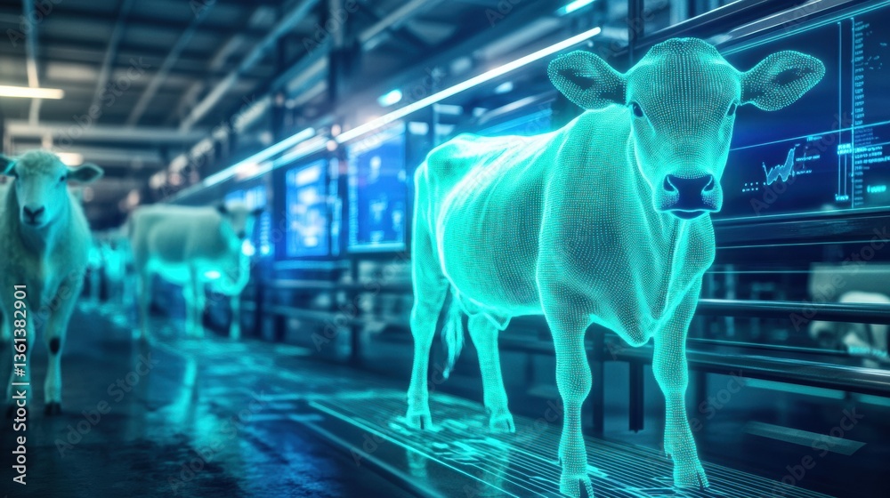 Aufkleber smart farm technology integrates biometric sensors for livestock in a clean, futuristic environment 