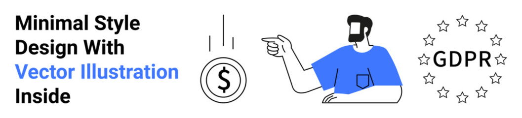 Man in blue shirt pointing at falling coin, GDPR text encircled by stars. Ideal for finance, policy, technology, compliance, data security, marketing, flat landing page banner
