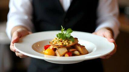 Elegant Plated Dish Served by Waiter: Fine Dining & Gourmet Cuisine