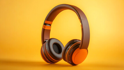 Naklejka premium Trendy orange and brown over-ear headphones set against a bold, vibrant yellow background--an ideal choice for audiophiles and music enthusiasts