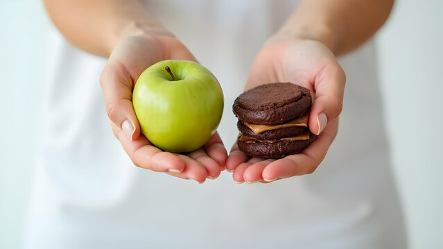 Healthy vs. Unhealthy Food Choice: Apple or Chocolate Cookies in Hands - Diet & Nutrition Concept