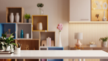 A modern interior setting with a white tabletop in the foreground, complemented by stylish shelves, decorative items, and warm lighting in the background- 3D rendering