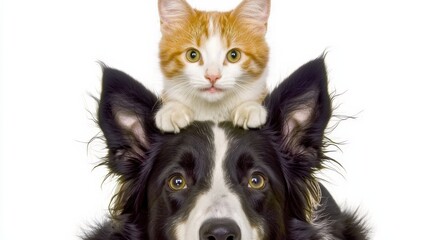 Playful dog and cat duo portrait studio setting animal photography whimsical environment close-up view friendship concept