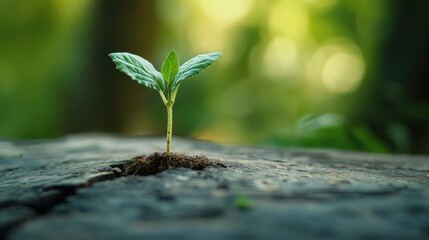 New Life: Sprout Growing on Old Wood -  Seedling Plant Emerging from Crack in Tree Trunk, Nature Rebirth Symbol