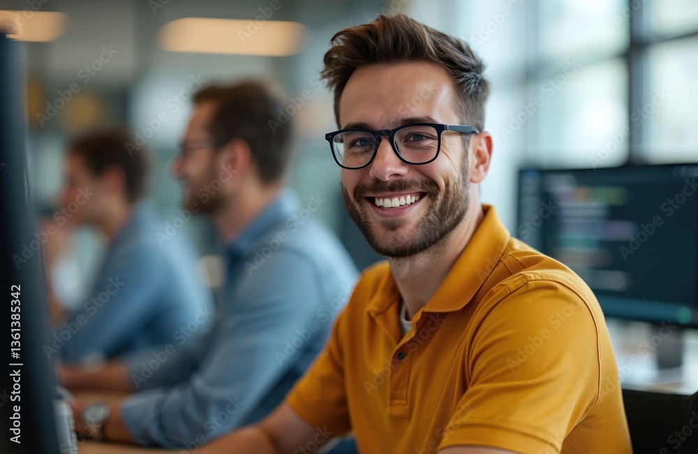 Poster smiling programmer in modern office with colleagues. happy man with glasses, coding on computer. tea