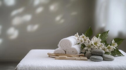 Relaxation spa setup with towels and stones tranquil room photography calm environment close-up view wellness concept