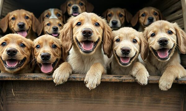 Group of playful golden retriever puppies peeking from a wooden crate, with a sunny background