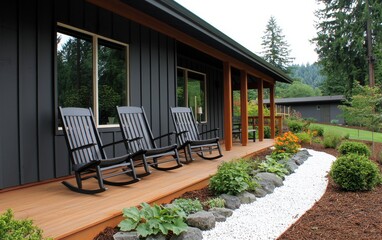 Fototapeta premium Cozy Rocking Chairs on Welcoming Porch Surrounded by Greenery