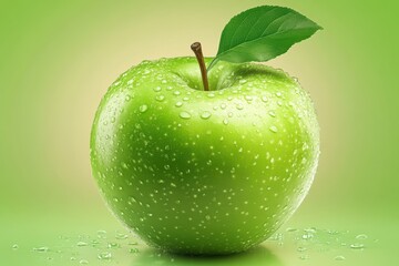 Fresh Green Apple with Water Drops on Gradient Background