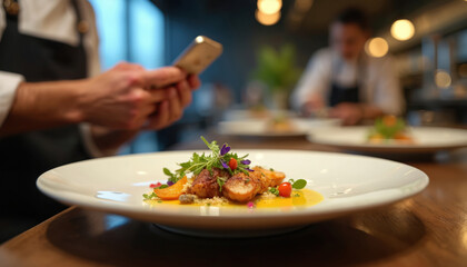 Food critic taking photo of gourmet dish in restaurant. Restaurant blogger reviews meal, shares experiences via smartphone for social media, culinary blog. Modern dining scene, gastronomic style.
