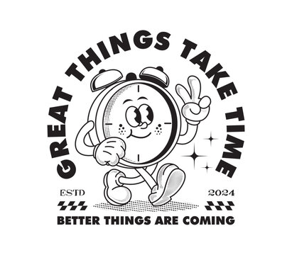 Retro cartoon alarm clock character in vintage comic style with halftone effects. Perfect for stickers, posters, T-shirts, and prints
