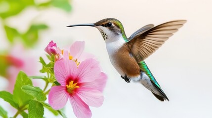 Naklejka premium A hummingbird hovering in front of a pink flower, capturing the beauty of the birds iridescent feathers and the flowers vivid color, with copy space.