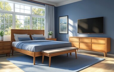 Mid-century modern bedroom with wood furniture, blue walls, and large window.