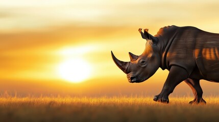 Obraz premium A majestic rhinoceros walking through the grasslands at sunset, its massive horn casting a shadow in the golden light.