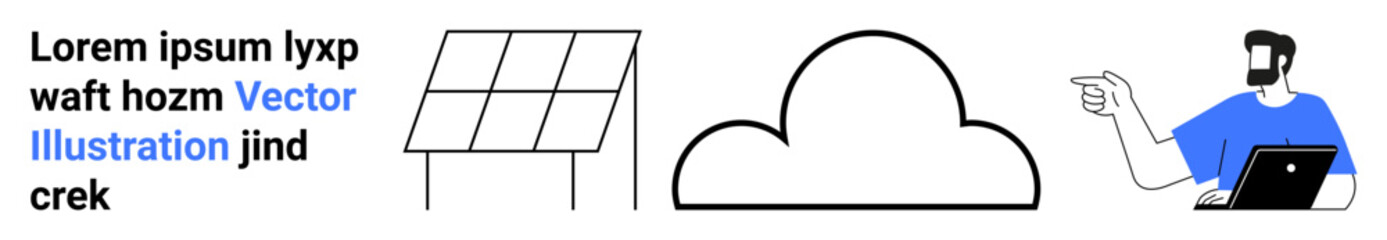 Solar panel, cloud symbol, and person working on a laptop while pointing highlight renewable energy, technology, digital collaboration, sustainability, environmental awareness, cloud integration