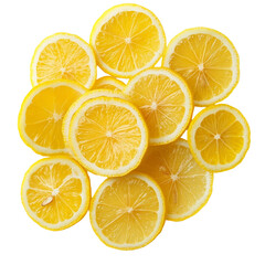 Fresh lemon slices arranged beautifully on a transparent background for culinary use or decoration, Fresh lemon slices on transparent background